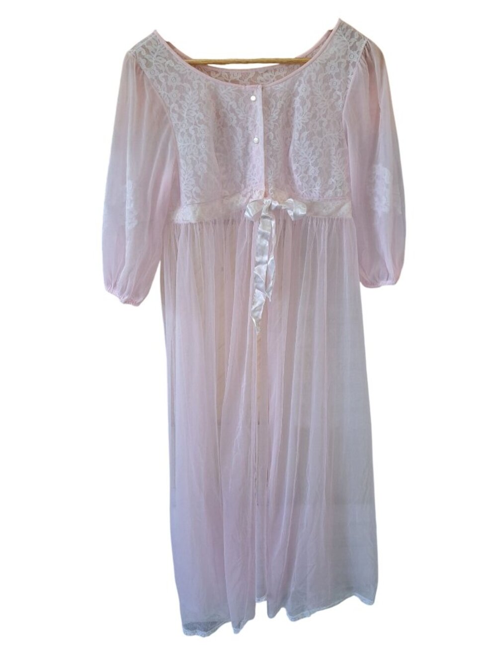 Vintage Miss Elaine Pink and White Sheer Lace Robe Ribbon Tie Buttons Long M